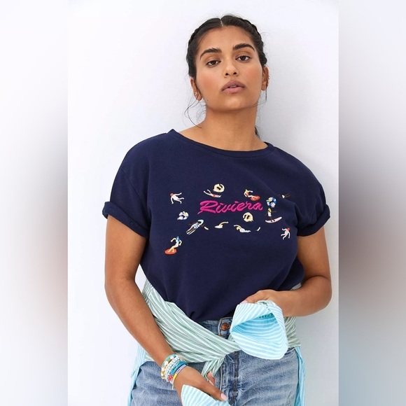 Maeve Anthropologie Beach Embroidered Sweatshirt Tee Riviera Cotton Shirt Sz XS - Picture 1 of 9